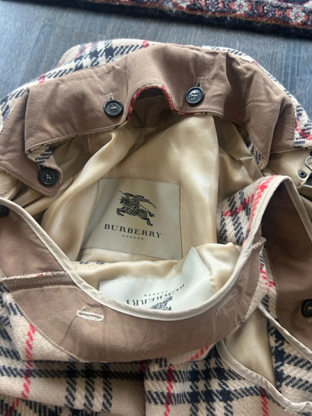 Burberry Tan Plaid Coat with Red Accent - Picture 2 of 4